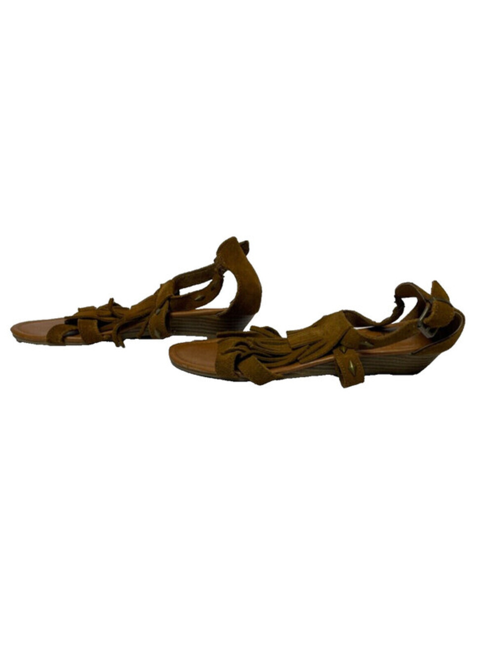 Minnetonka Merriam Suede Leather Fringe Studded Open Toe Wedge Sandals Size 9 - Picture 3 of 8